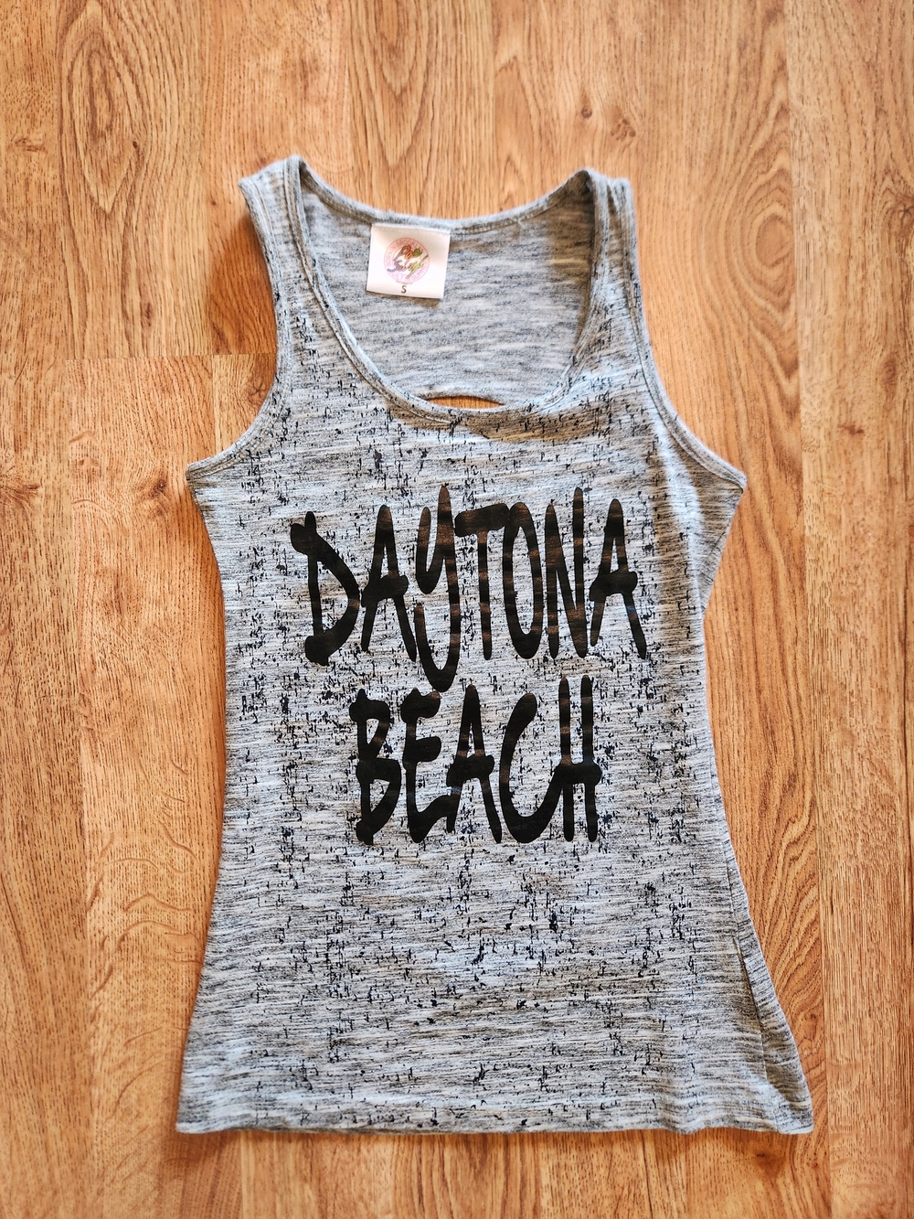 Daytona Beach Gray Graphic Tank Top, Ripped Back Detail